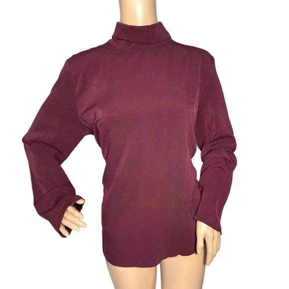 ANN TAYLOR Plum Blouse Button Mock Neck Long Sleeve Classic Blouse Medium - Picture 2 of 12